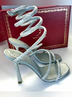 New in Box Rene Caovilla Silver Crystal Spiral Wrap Open Toed High-Heels